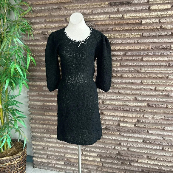 Vintage Black Boucle Handknit Dress Rhinestone Ribbon Detail - Picture 1 of 10